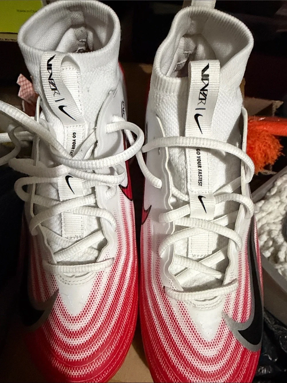 Nike White and Red Gradient Air Zoom Soccer Cleats